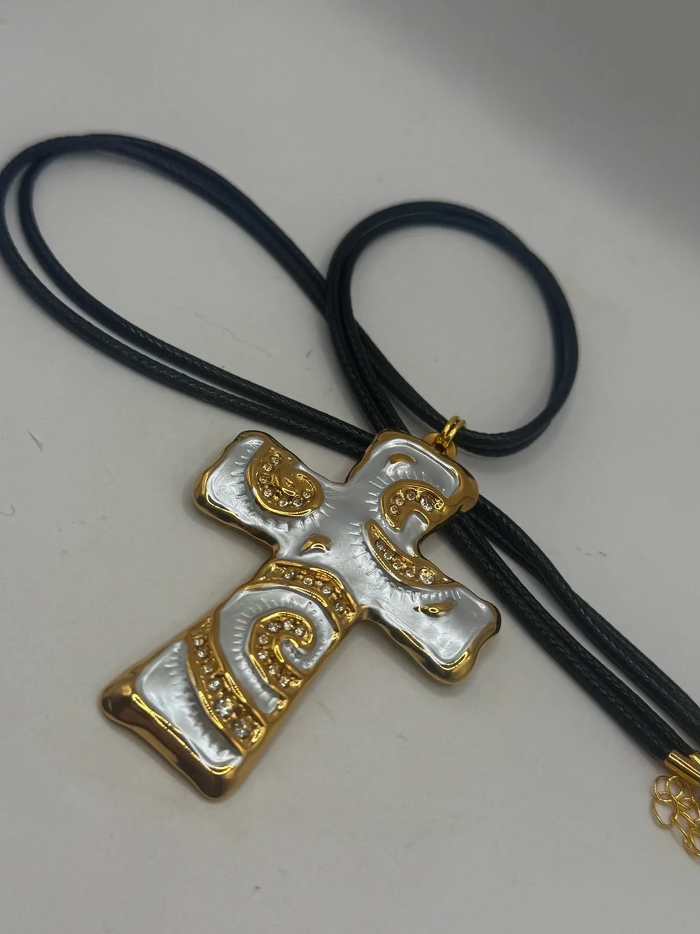 Gold-Tone and White Enamel Cross Pendant Necklace with Rhinestones